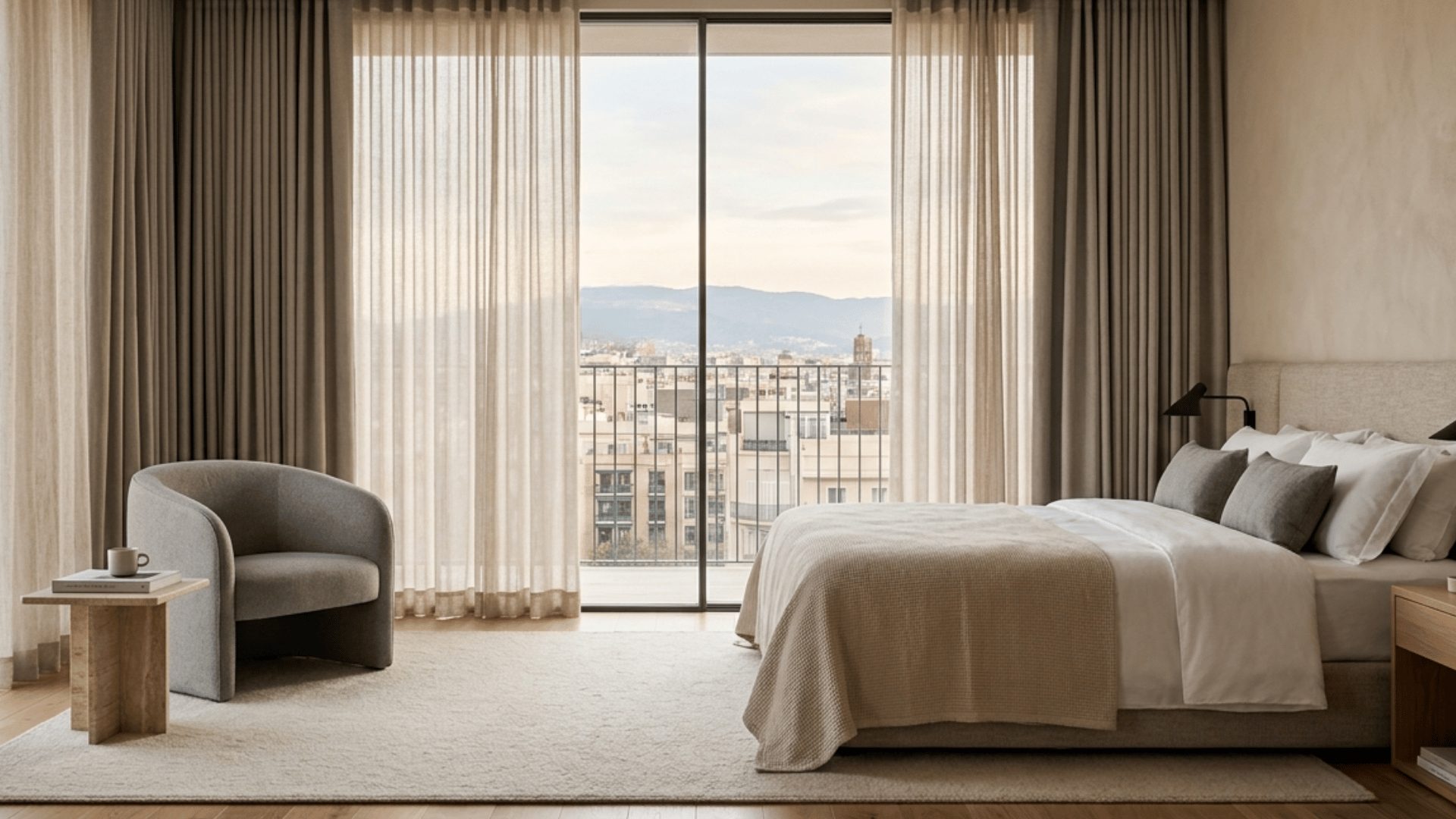 Contemporary hotel room with floor-to-ceiling sheers and decorative curtains